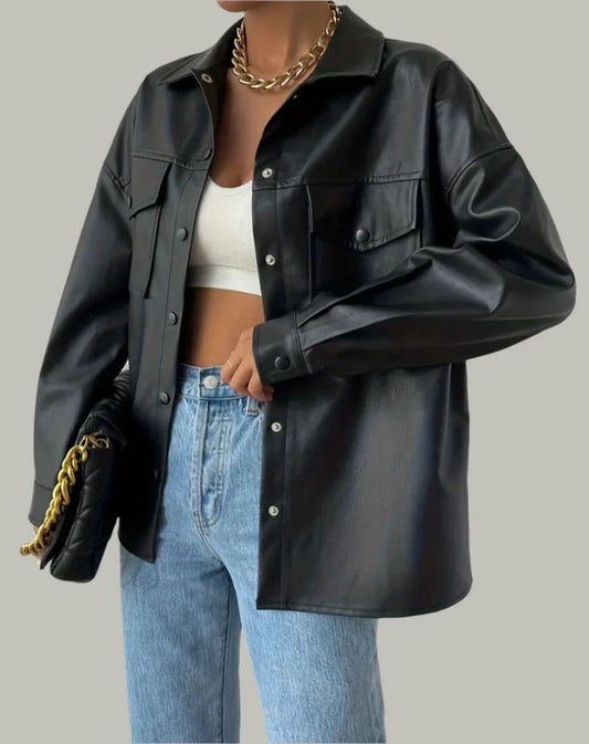 Women’s Button-Up Moto Jacket – Stylish Long Sleeve Streetwear
