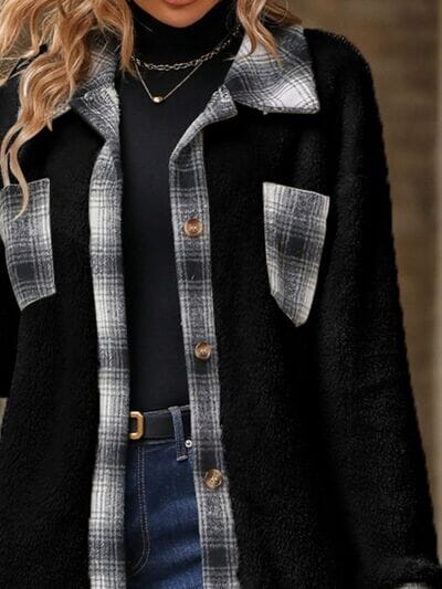 Plaid Contrast Coat with Dropped Shoulders – Stylish & Cozy